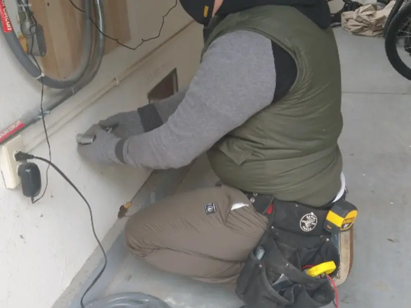 Electrician performing outlet wiring in a Portsmouth garage